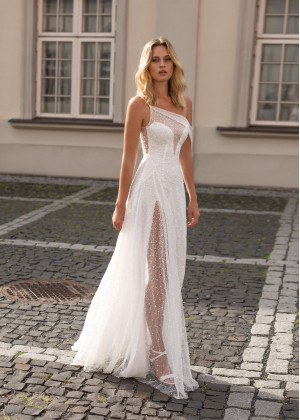 One Shoulder Sequins Pearls Slit Wedding Dress